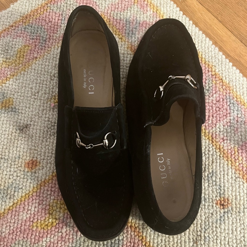 Gucci vintage black suede loafers with silver bit. Size 9.5 but more like a 9.